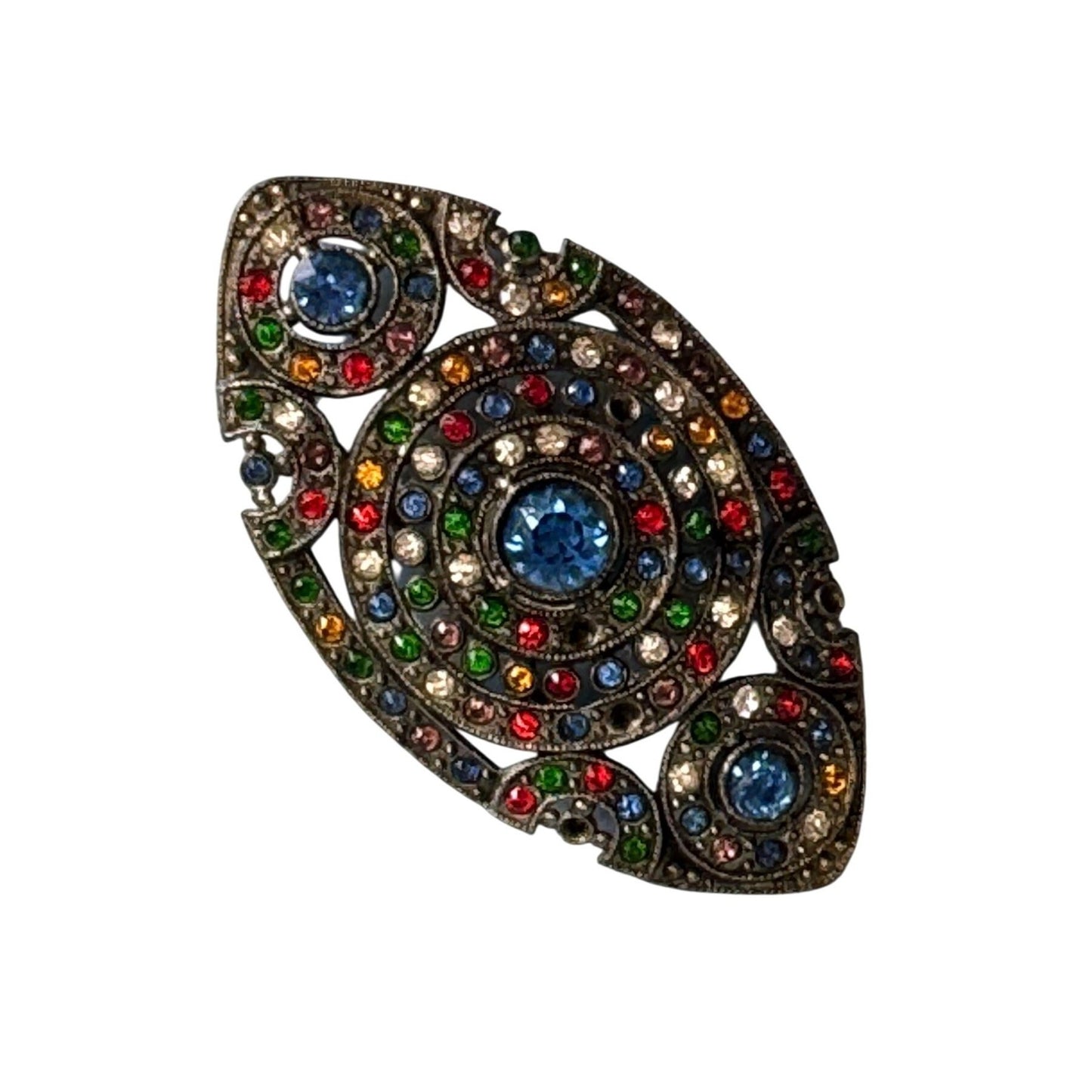 Vintage Multicolor Rhinestone Brooch Silvertone Metal Retro Pinback Closure 2 1/2"