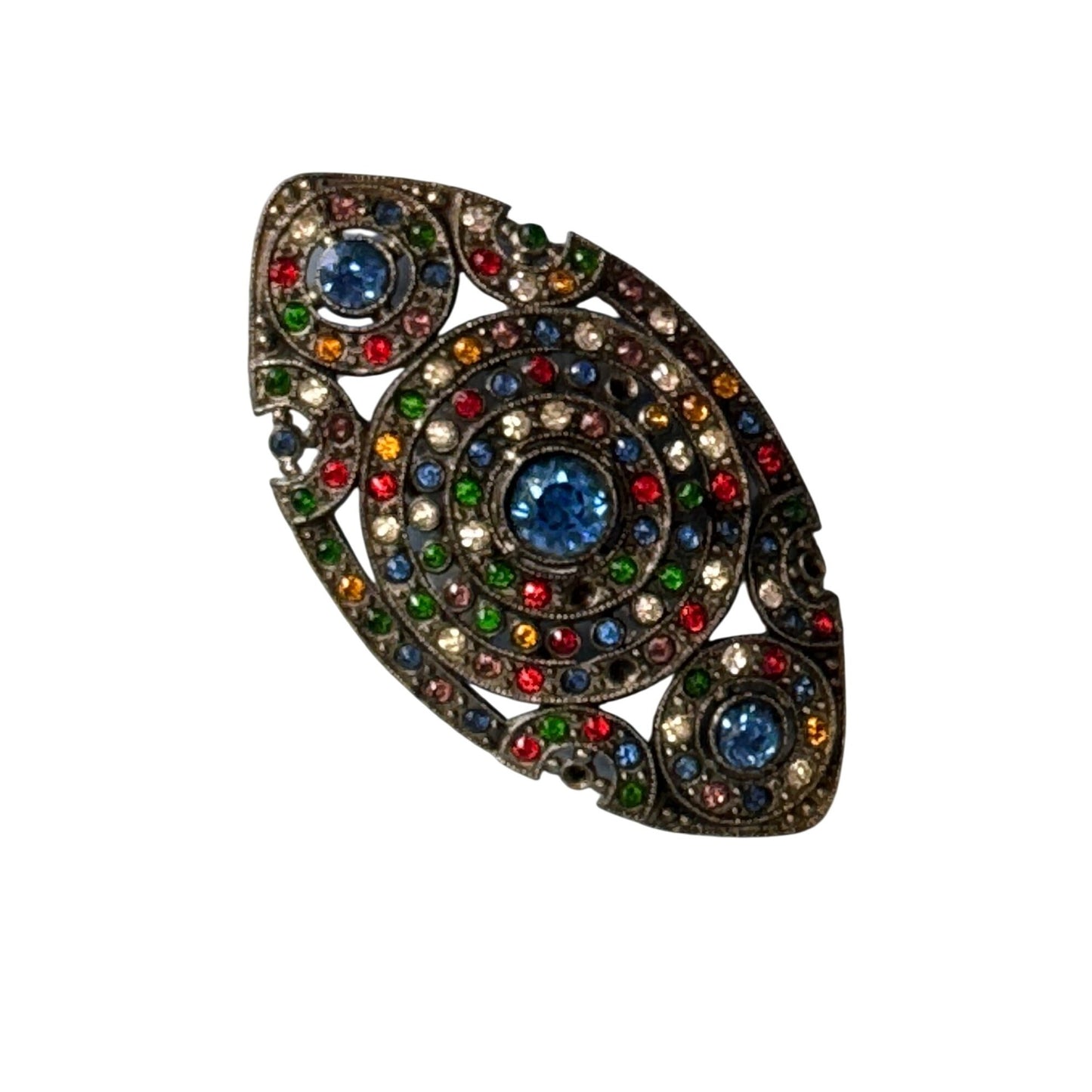 Vintage Multicolor Rhinestone Brooch Silvertone Metal Retro Pinback Closure 2 1/2"