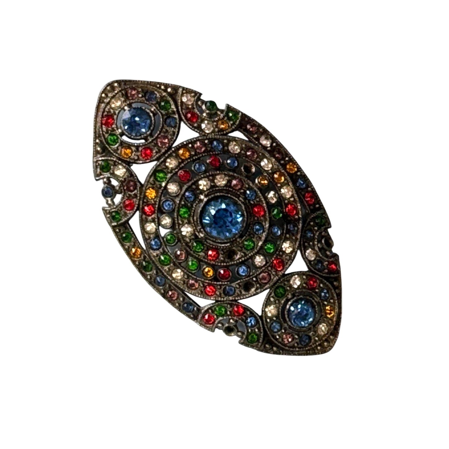 Vintage Multicolor Rhinestone Brooch Silvertone Metal Retro Pinback Closure 2 1/2"
