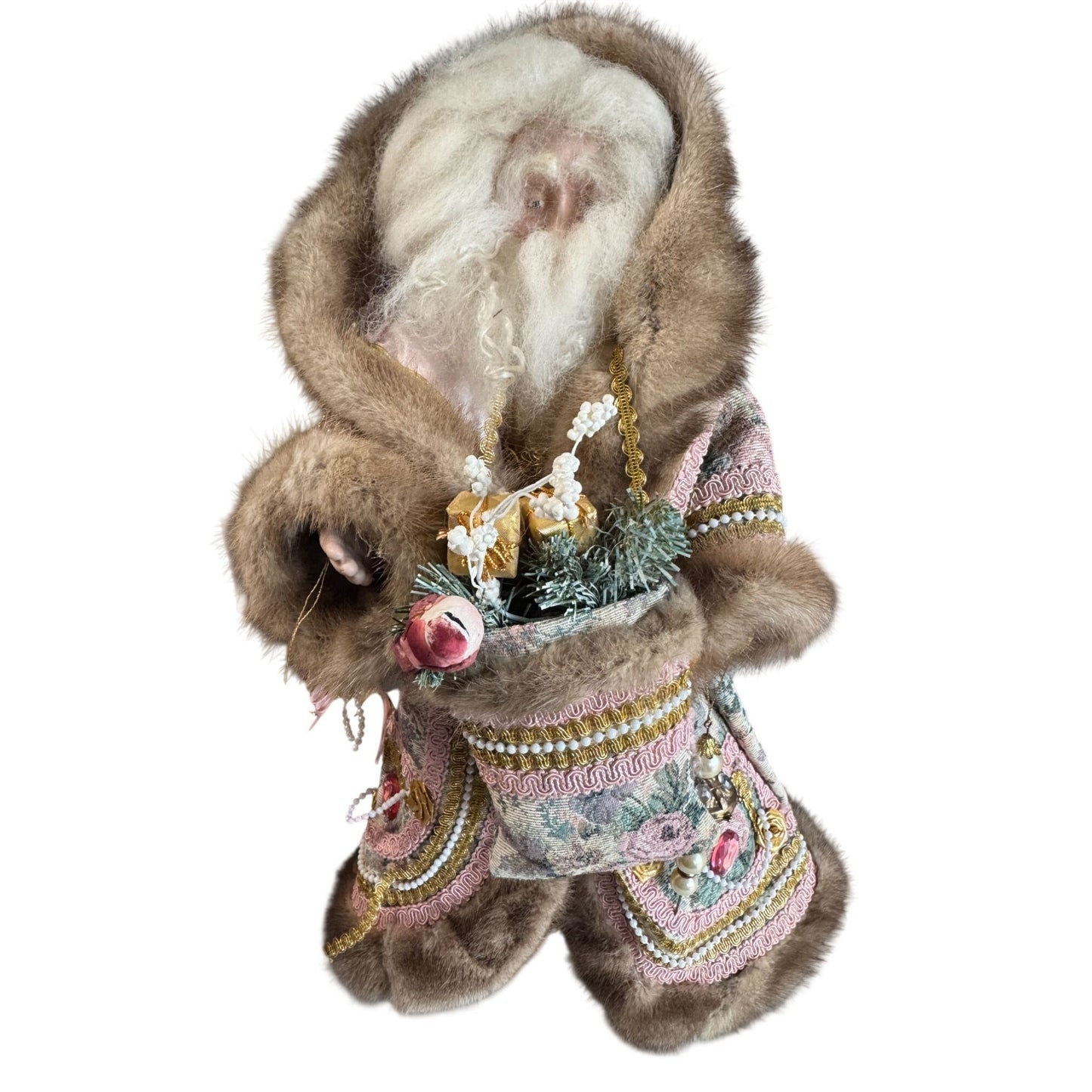 Martha Pippen Pere Noel France Santa Figure 1995 Floral Fur Trim Wood Base 19"
