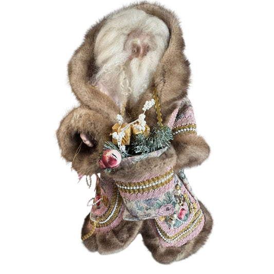 Martha Pippen Pere Noel France Santa Figure 1995 Floral Fur Trim Wood Base 19"