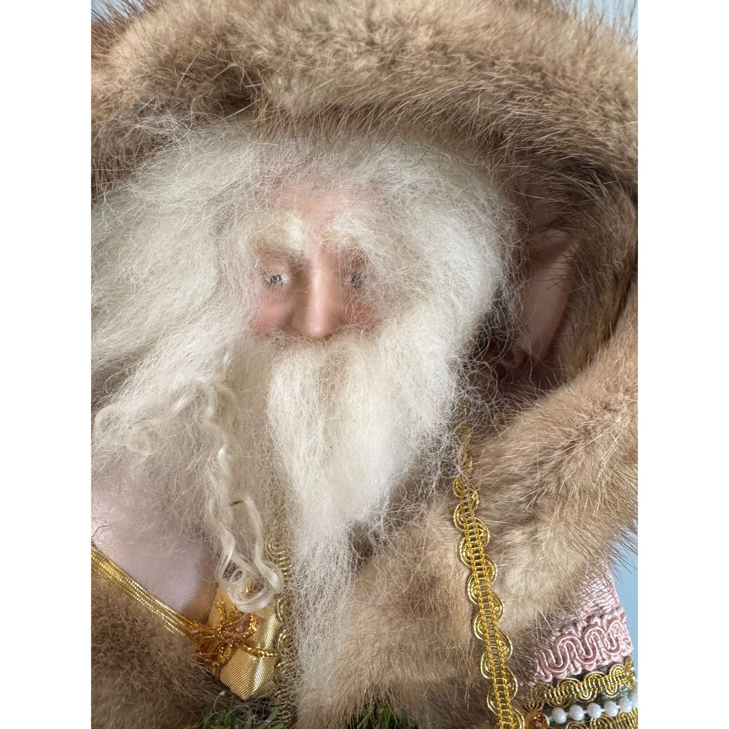 Martha Pippen Pere Noel France Santa Figure 1995 Floral Fur Trim Wood Base 19"