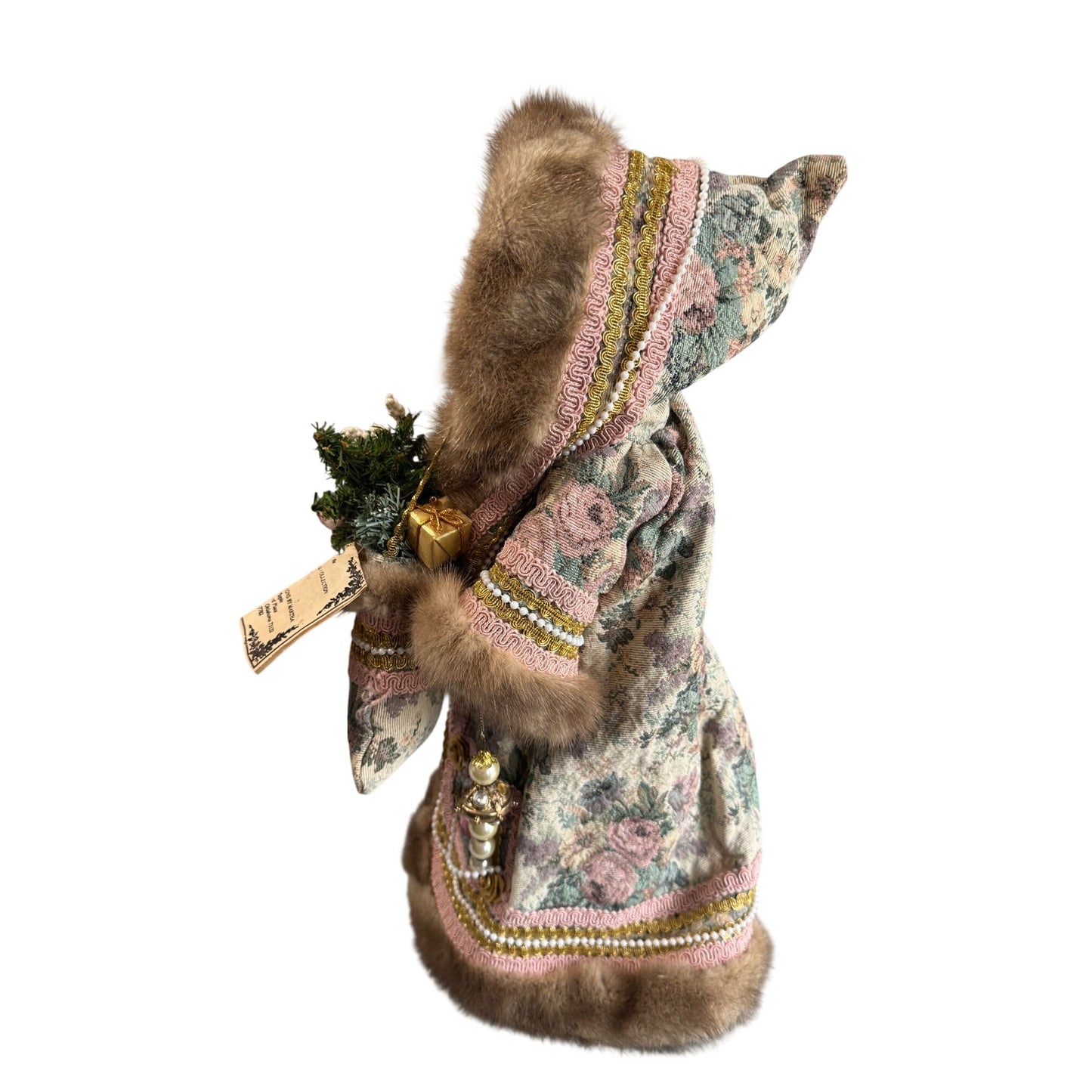 Martha Pippen Pere Noel France Santa Figure 1995 Floral Fur Trim Wood Base 19"