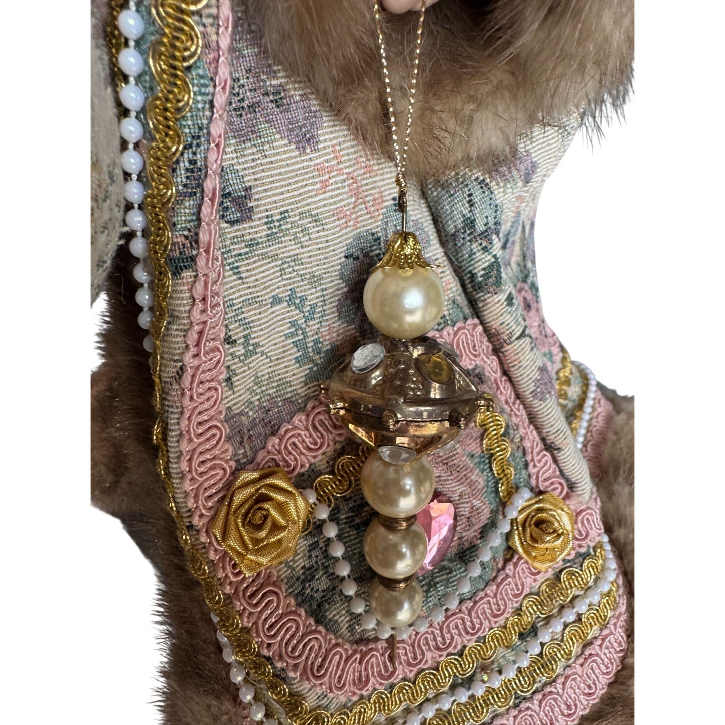 Martha Pippen Pere Noel France Santa Figure 1995 Floral Fur Trim Wood Base 19"