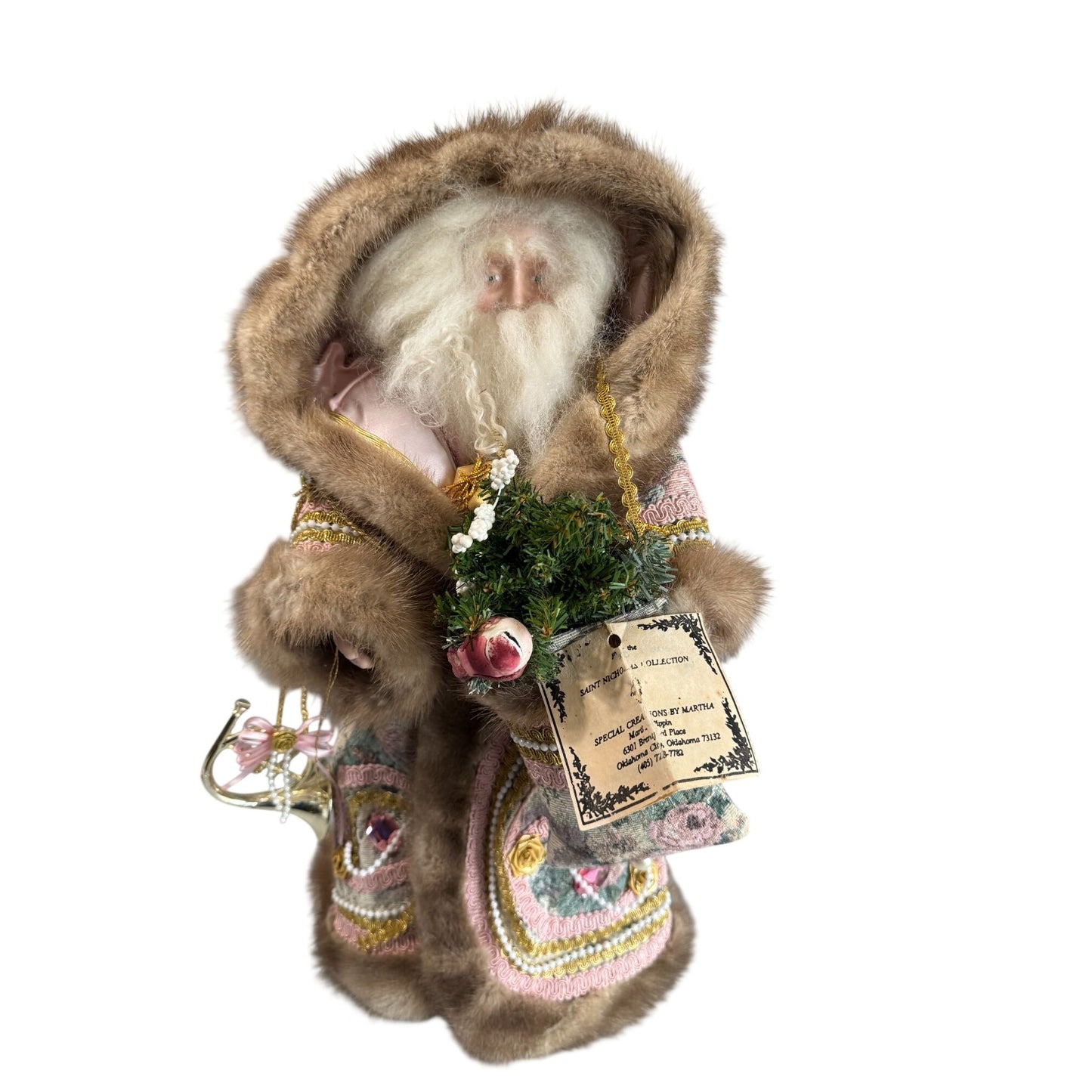Martha Pippen Pere Noel France Santa Figure 1995 Floral Fur Trim Wood Base 19"