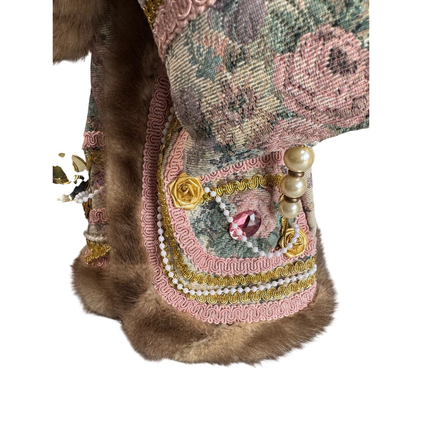 Martha Pippen Pere Noel France Santa Figure 1995 Floral Fur Trim Wood Base 19"