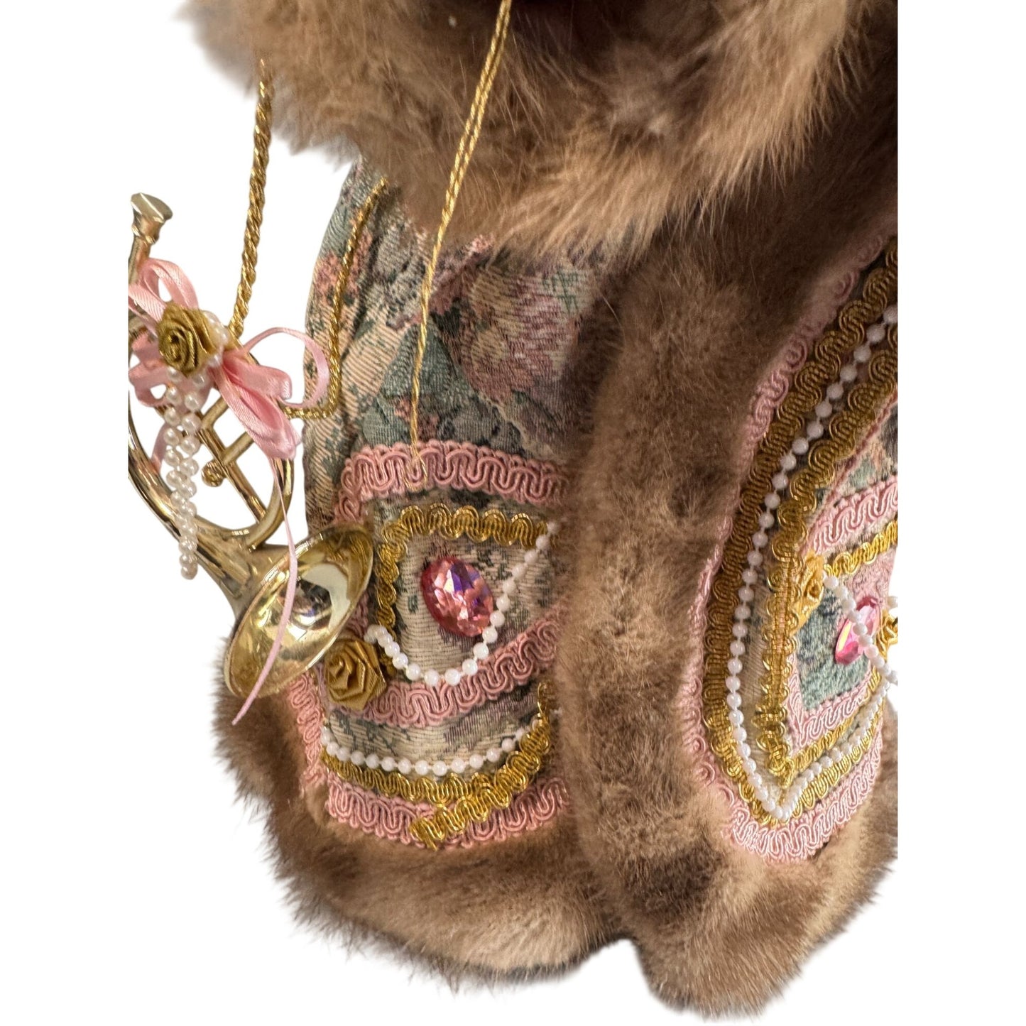 Martha Pippen Pere Noel France Santa Figure 1995 Floral Fur Trim Wood Base 19"