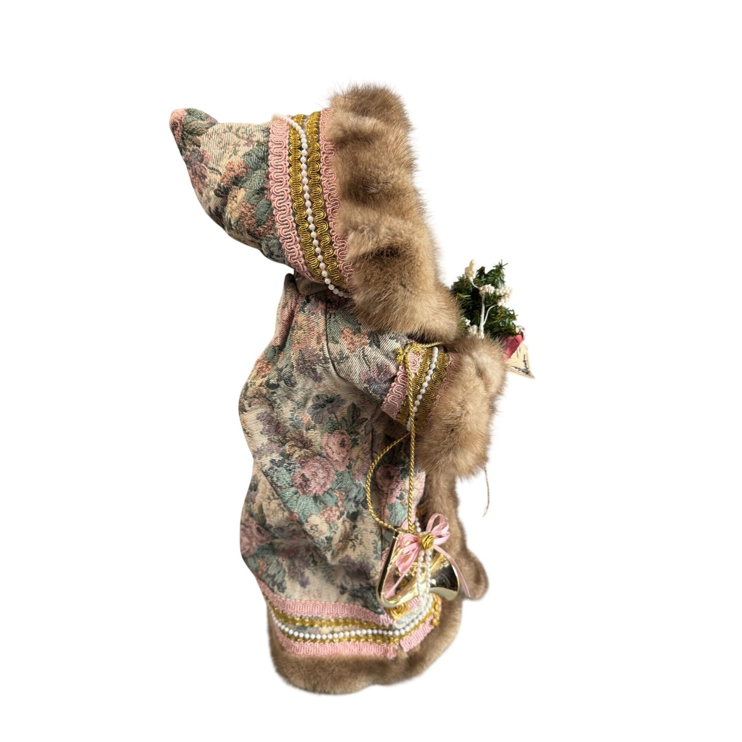 Martha Pippen Pere Noel France Santa Figure 1995 Floral Fur Trim Wood Base 19"