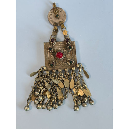 Vintage Tribal Kuchi Afghani Pendant With Red & Green Gemstones 5 3/4"