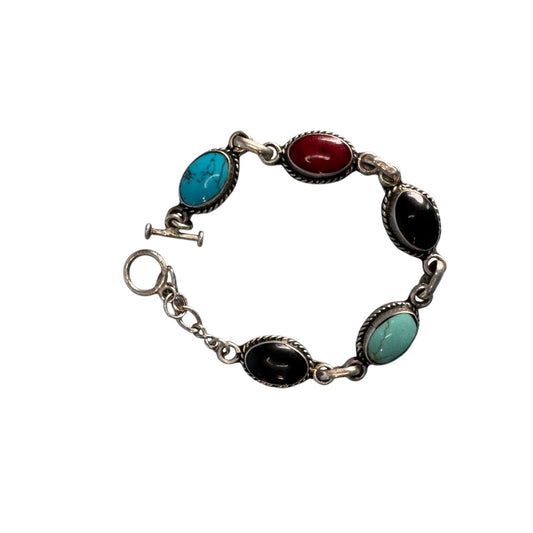 Vintage Sterling Silver Bracelet Howlite Coral & Agate Gemstones 8"