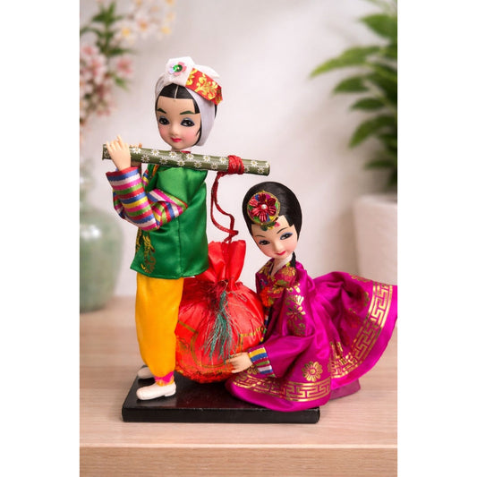 Vintage Korean Doll Figurine Pair Hanbok Music Scene Colorful 10"