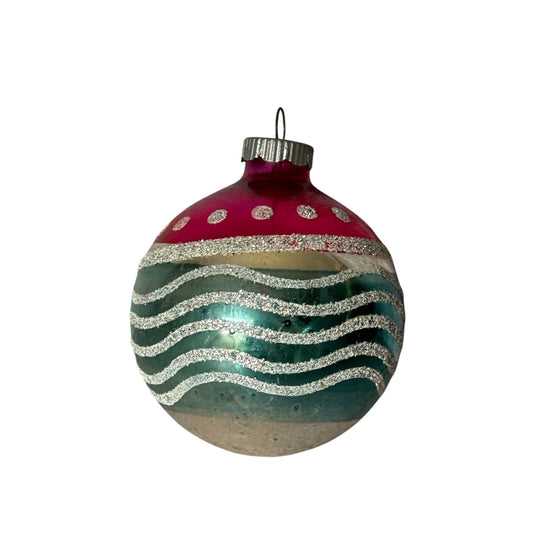 Vintage Shiny Brite Glass Ornament Pink Teal Silver Glitter Waves Dots Christmas