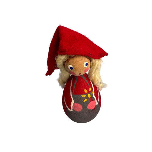 Handmade Swedish Tomte Girl 3" Wood Figure W/ Red Felt Hat and  Braids