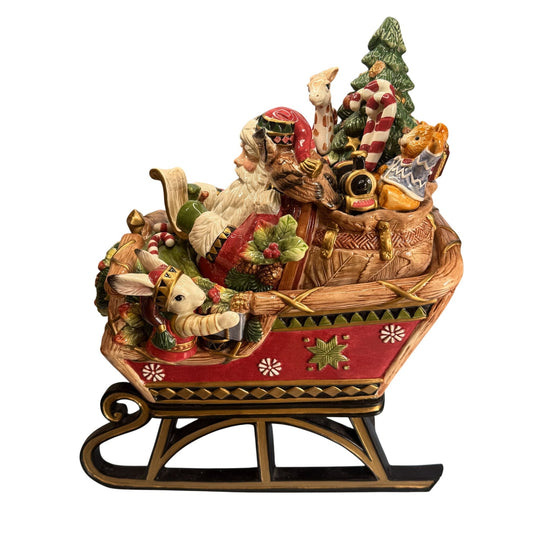 Fitz & Floyd Christmas Lodge Cookie Jar Santa Sleigh 13" x 8" x 15"