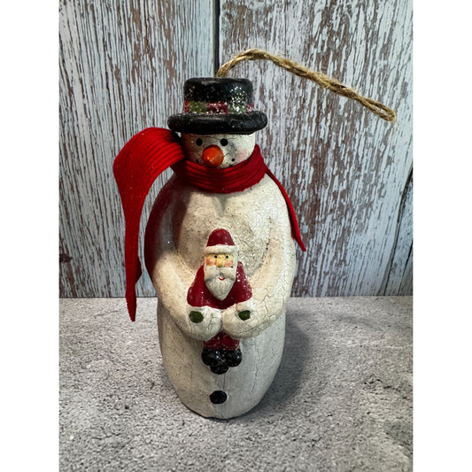 Folk Art Snowman Ornament With Santa Red Scarf Handmade 6"