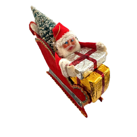 Vintage Red Chenille Santa Sleigh W/ Presents & Bottle Brush Tree Holiday Decor