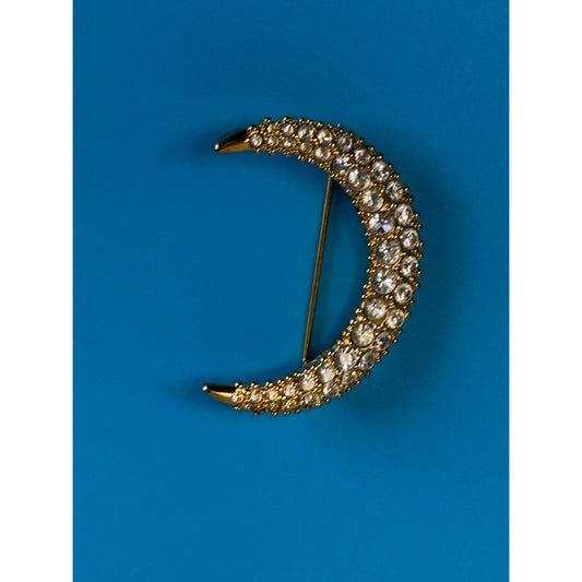 Swarovski Crescent Moon Crystal Gold Tone Brooch 1.75 Inch Vintage