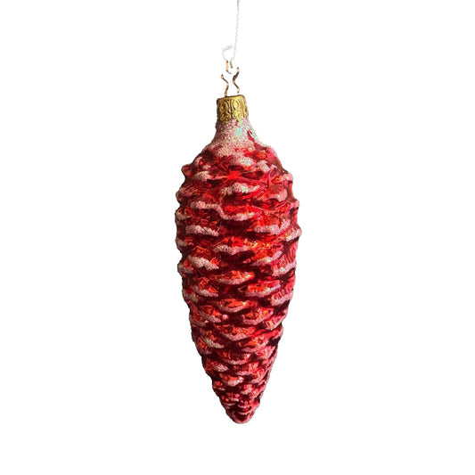Inge Glass Large Red Blown Glass Glittered Pine Cone Christmas Ornament 6.5" Handcrafted Holiday Decor