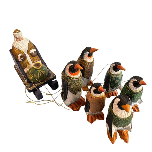 Handcrafted Russian Santa Sleigh Penguins "With Penquins On Time Folk Art Wood".