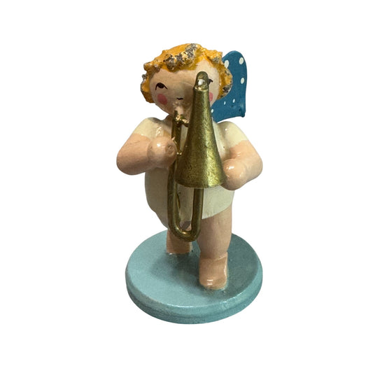 Steinbach Wooden Angel Ornament Cherub Germany Blue Handcrafted Vintage 2.5"