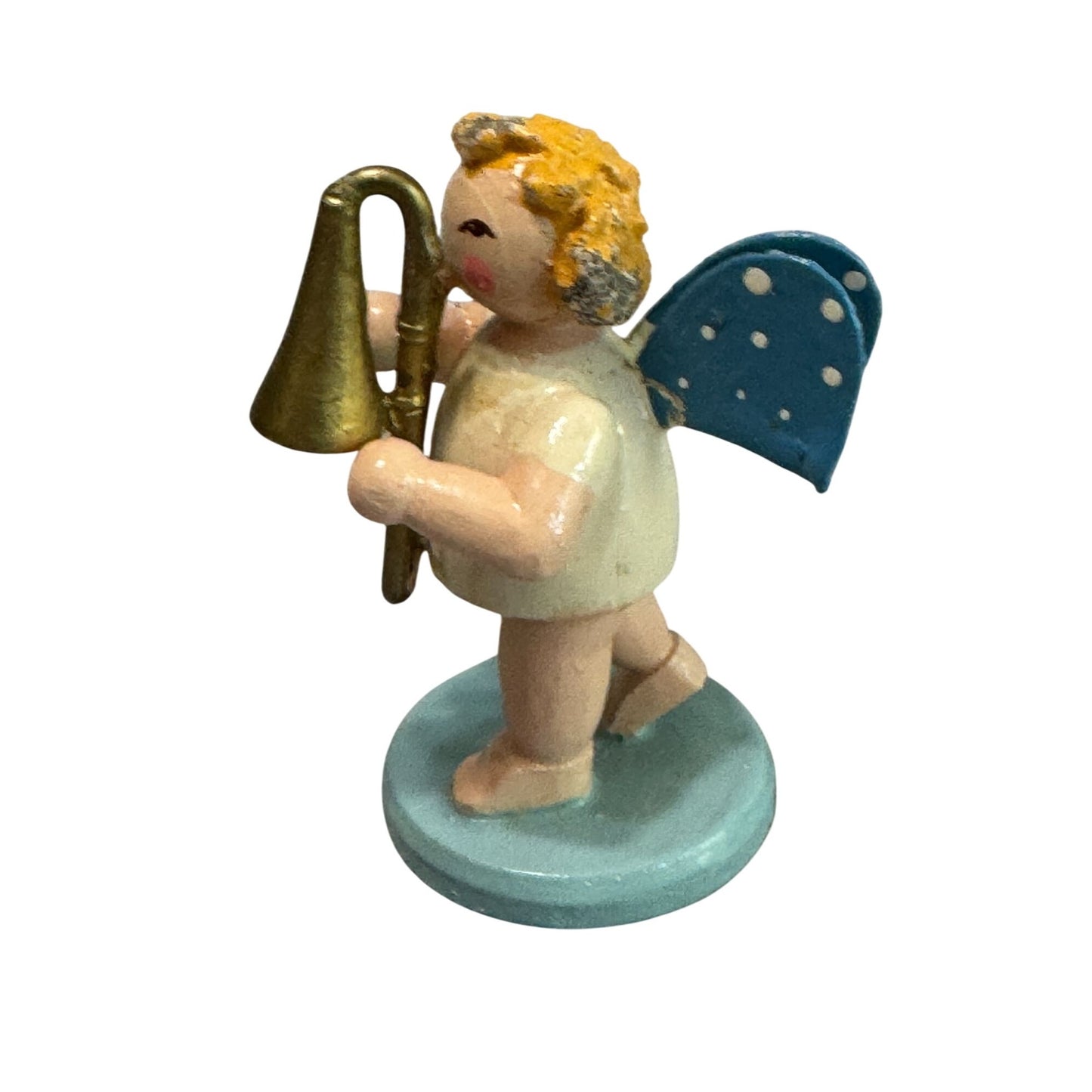 Steinbach Wooden Angel Ornament Cherub Germany Blue Handcrafted Vintage 2.5"