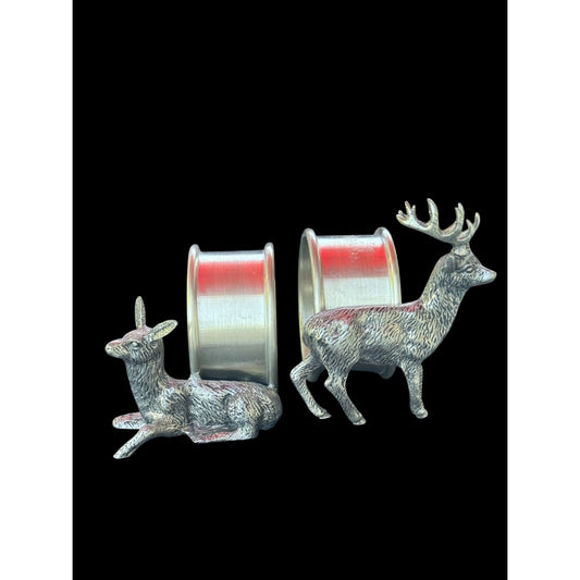 Vintage Pewter Deer Napkin Rings Set of 2 Stag and Doe Rustic Lodge Cabin Decor