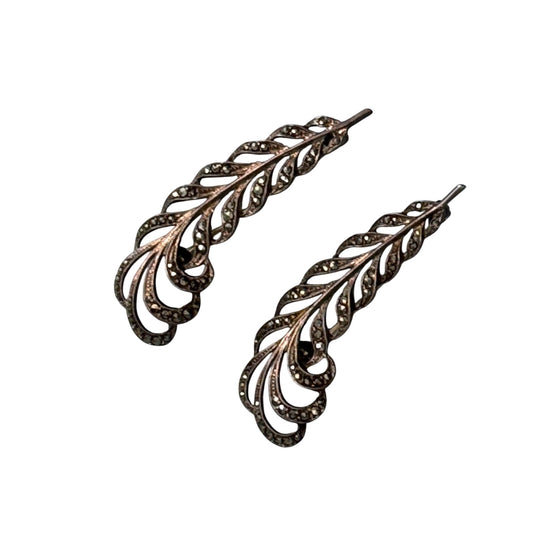 Antique 800 Silver Marcasite Feather Brooch Pins Elegant Vintage Design 2" Rare