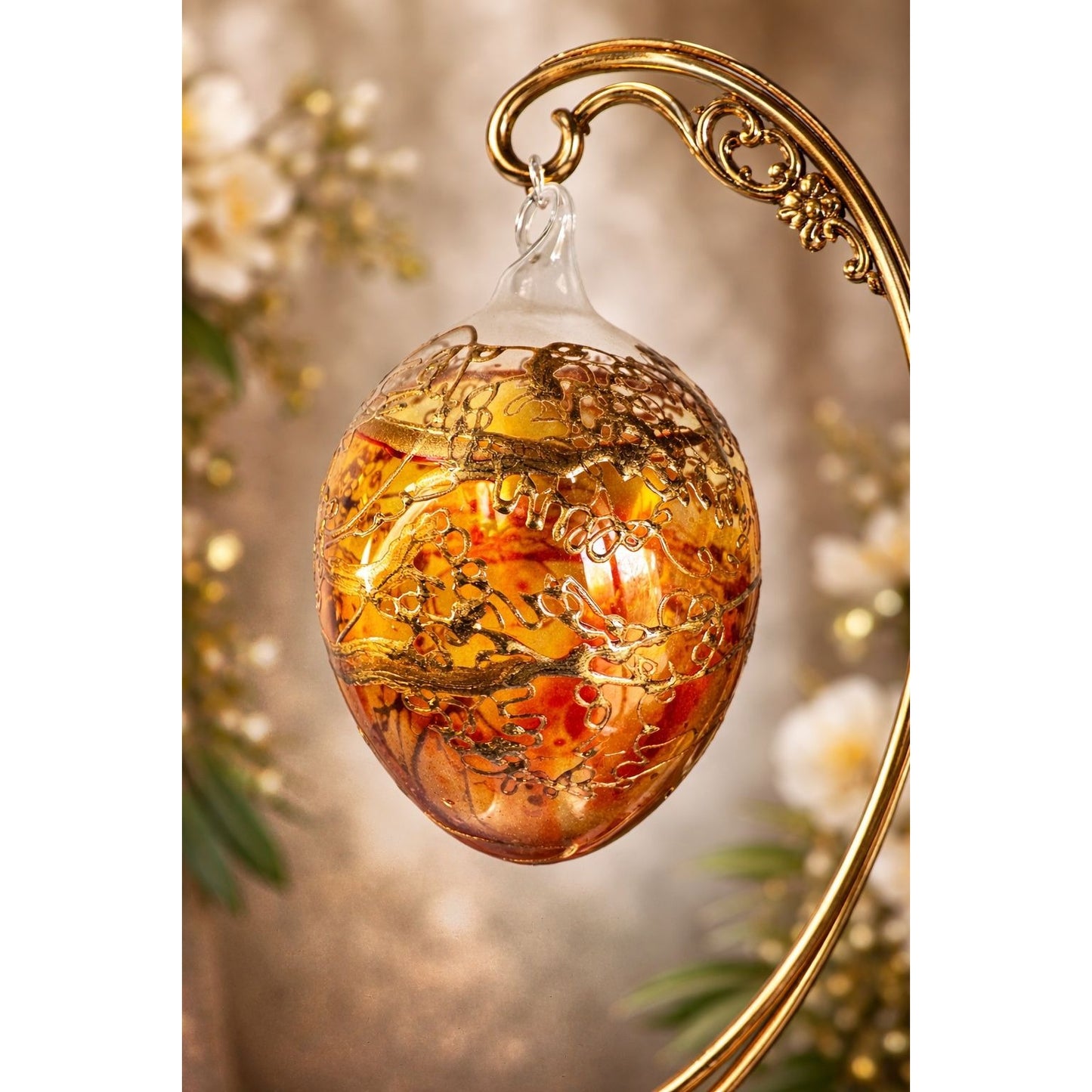 Amber Blown Glass Ornament Gold Gilded Design Art Glass 3"