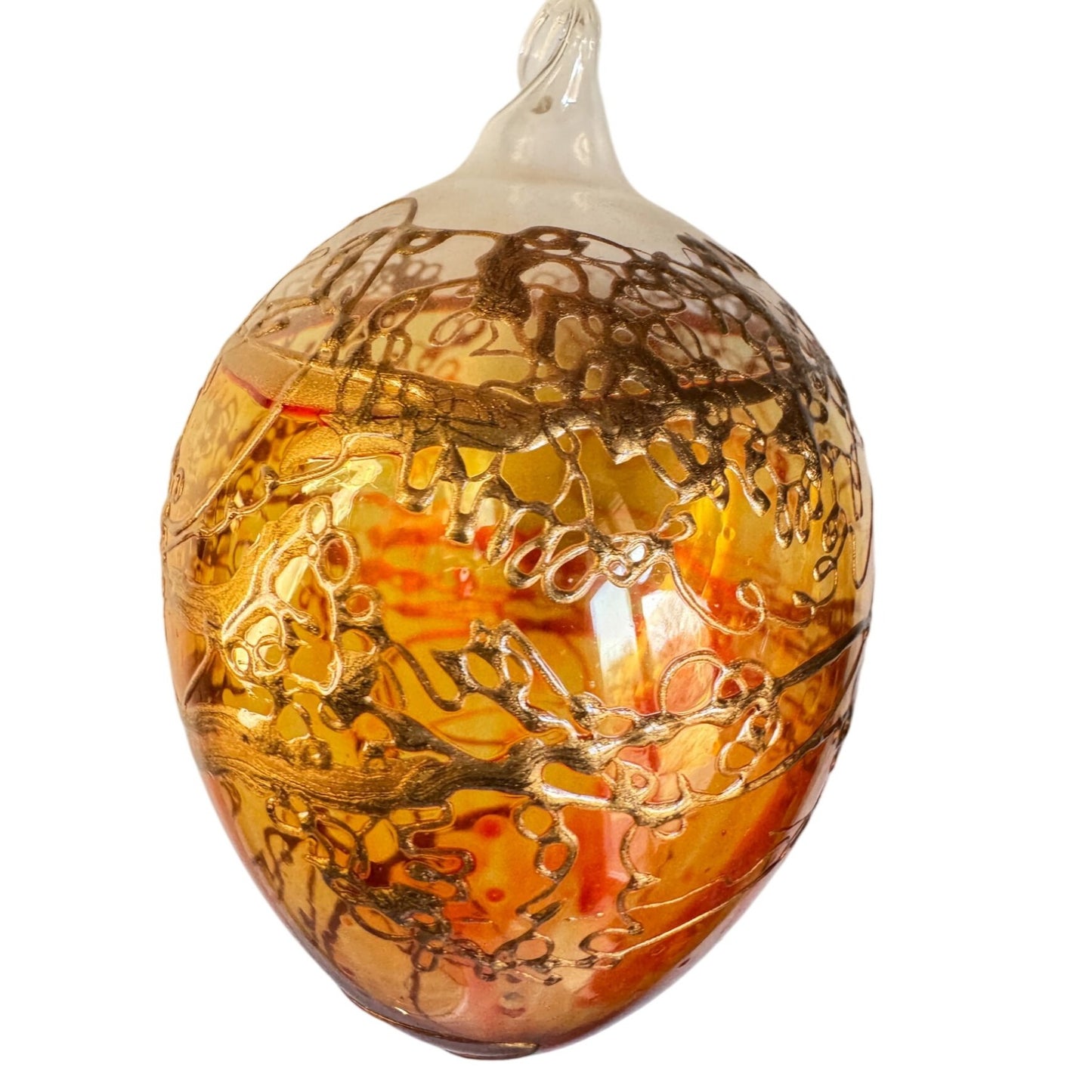 Amber Blown Glass Ornament Gold Gilded Design Art Glass 3"