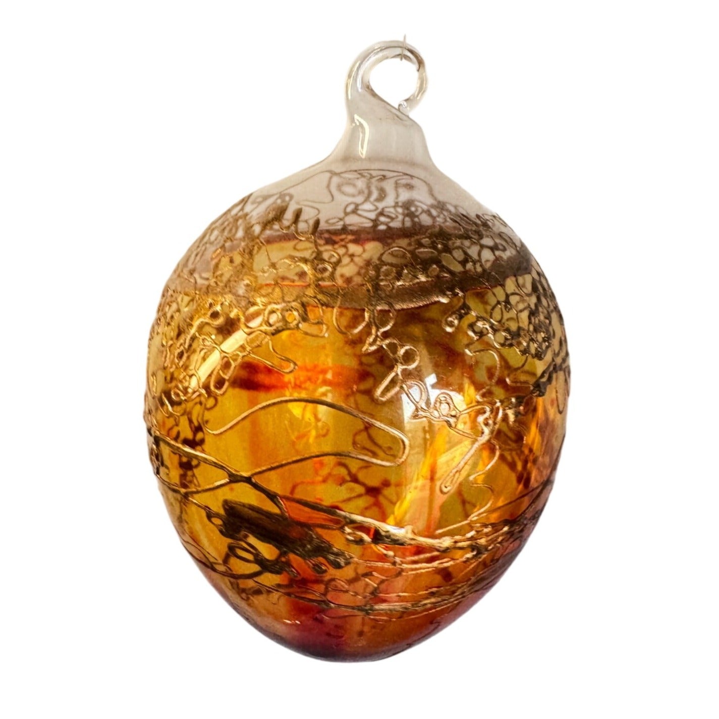 Amber Blown Glass Ornament Gold Gilded Design Art Glass 3"