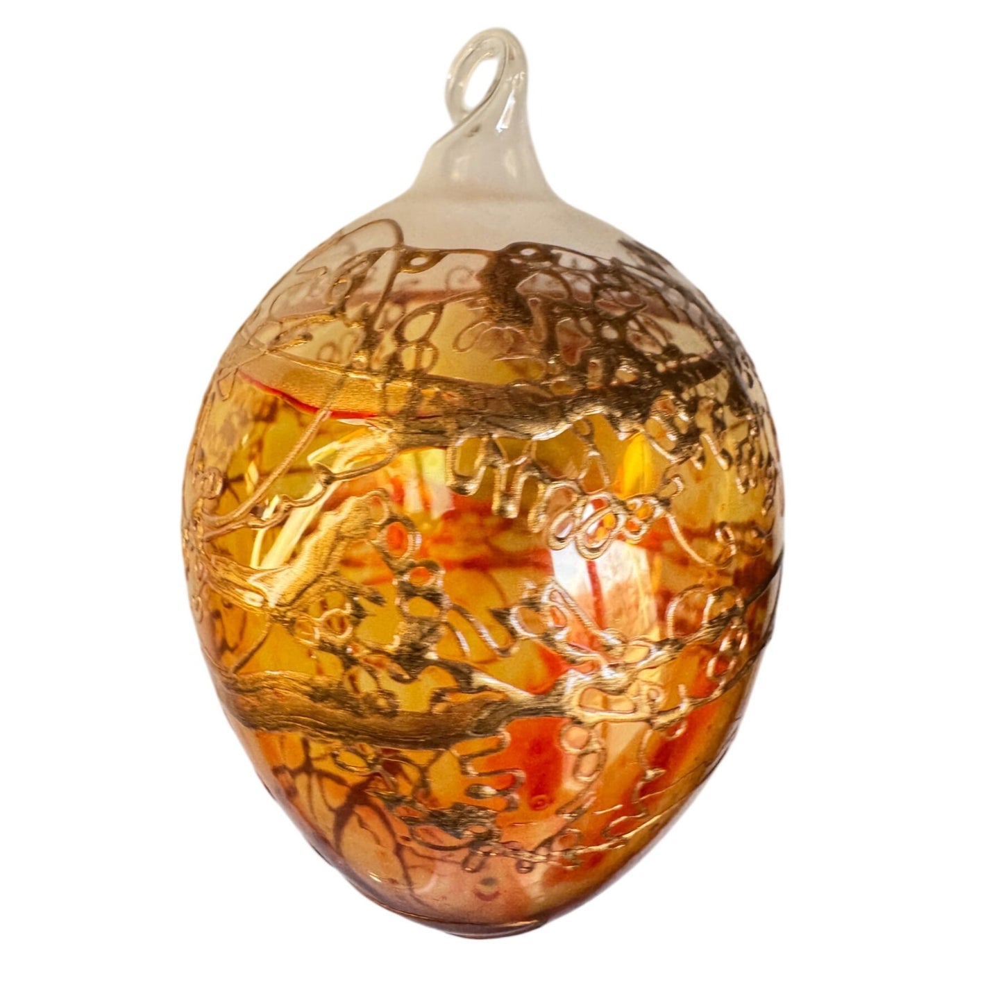 Amber Blown Glass Ornament Gold Gilded Design Art Glass 3"
