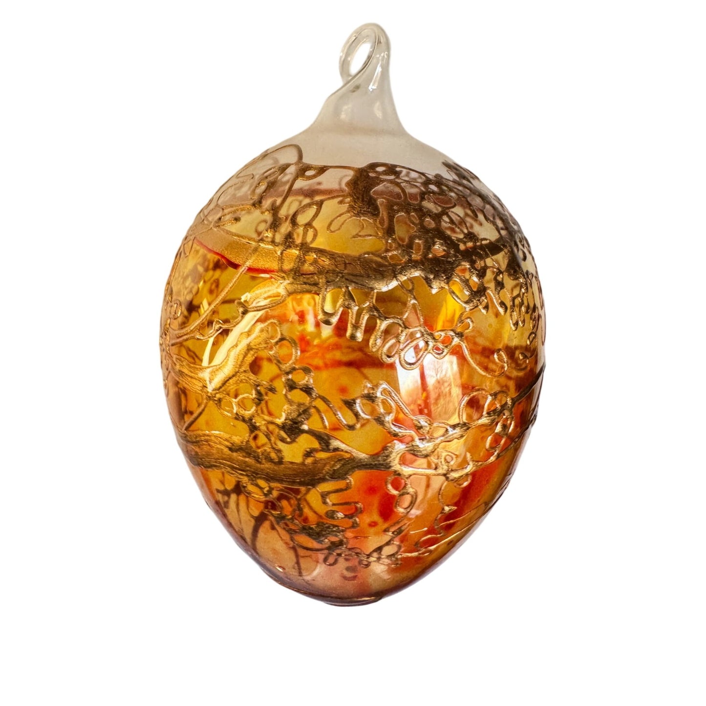 Amber Blown Glass Ornament Gold Gilded Design Art Glass 3"