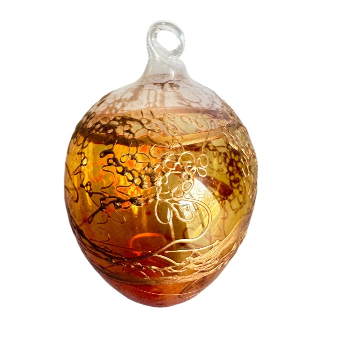 Amber Blown Glass Ornament Gold Gilded Design Art Glass 3"