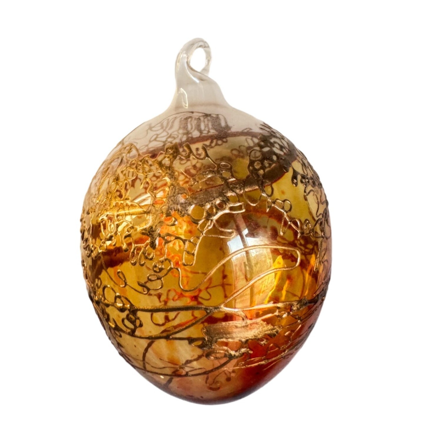 Amber Blown Glass Ornament Gold Gilded Design Art Glass 3"