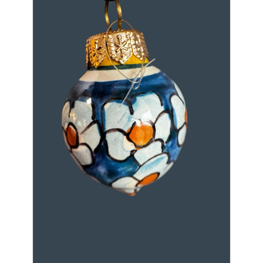 Hand Painted Porcelain Floral Ornament Blue White Orange Flowers 2 1/4"