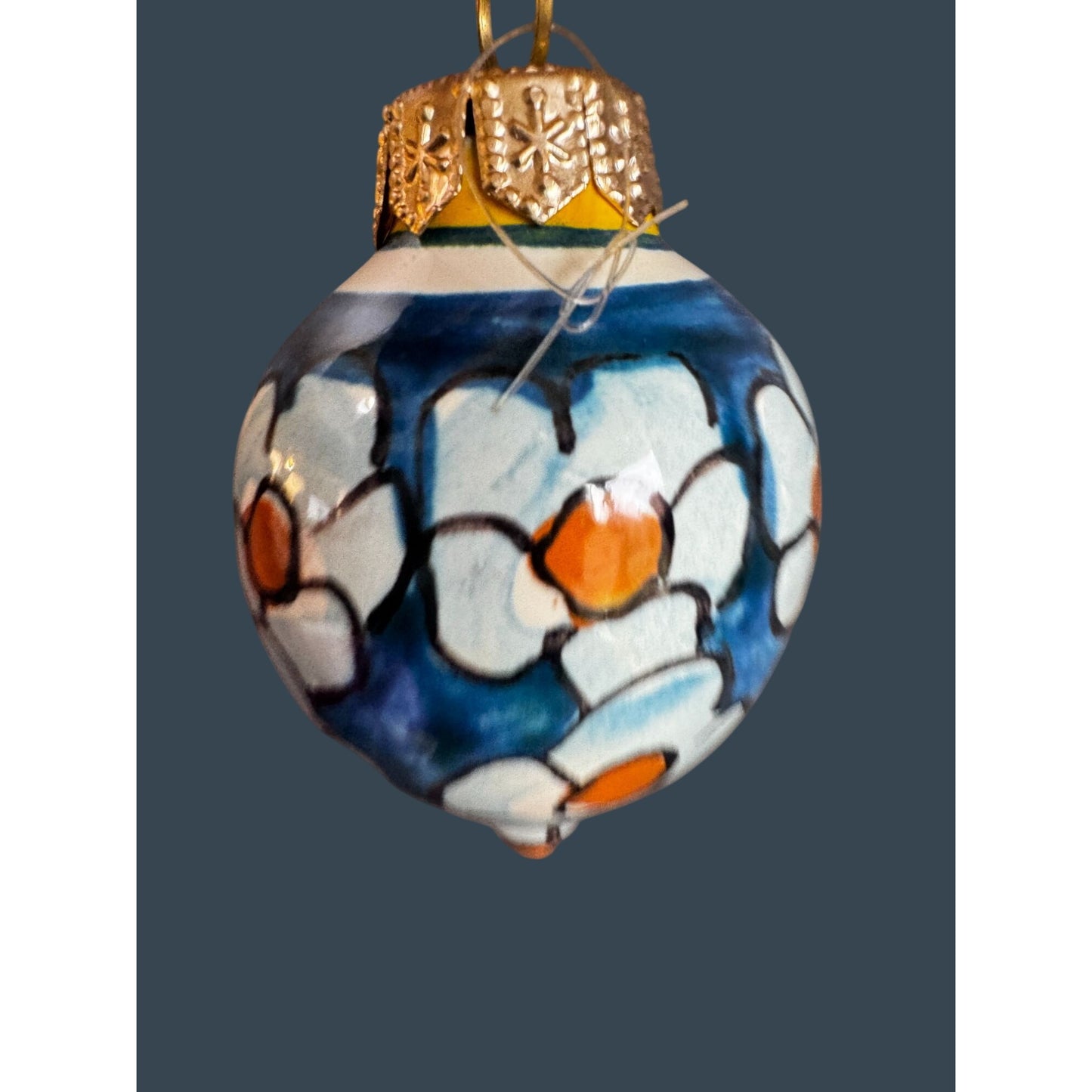 Hand Painted Porcelain Floral Ornament Blue White Orange Flowers 2 1/4"