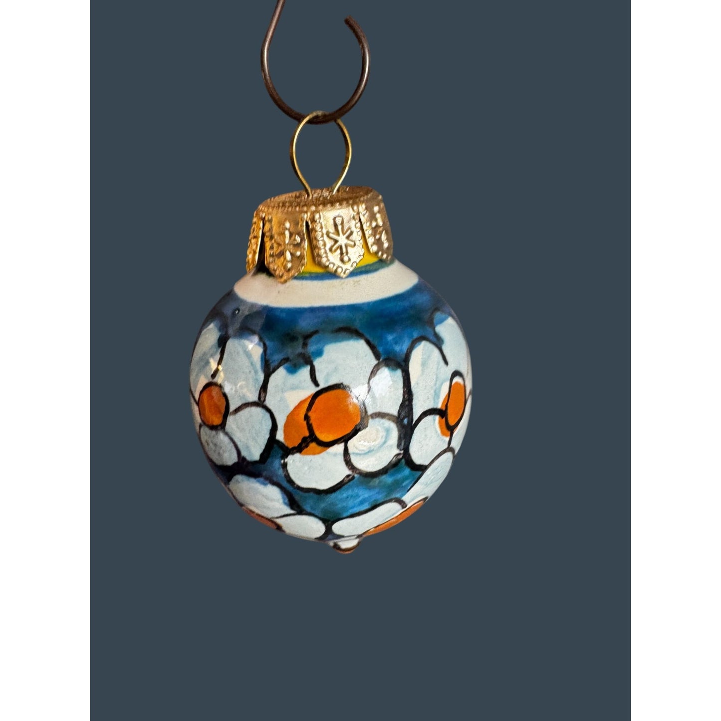 Hand Painted Porcelain Floral Ornament Blue White Orange Flowers 2 1/4"