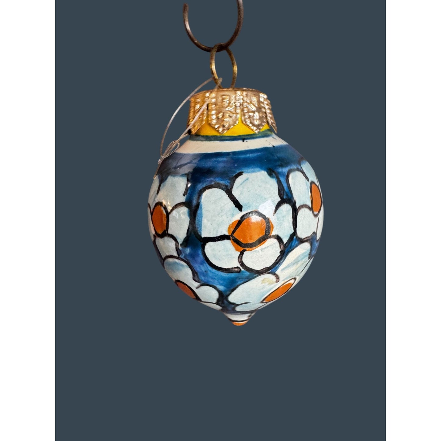 Hand Painted Porcelain Floral Ornament Blue White Orange Flowers 2 1/4"