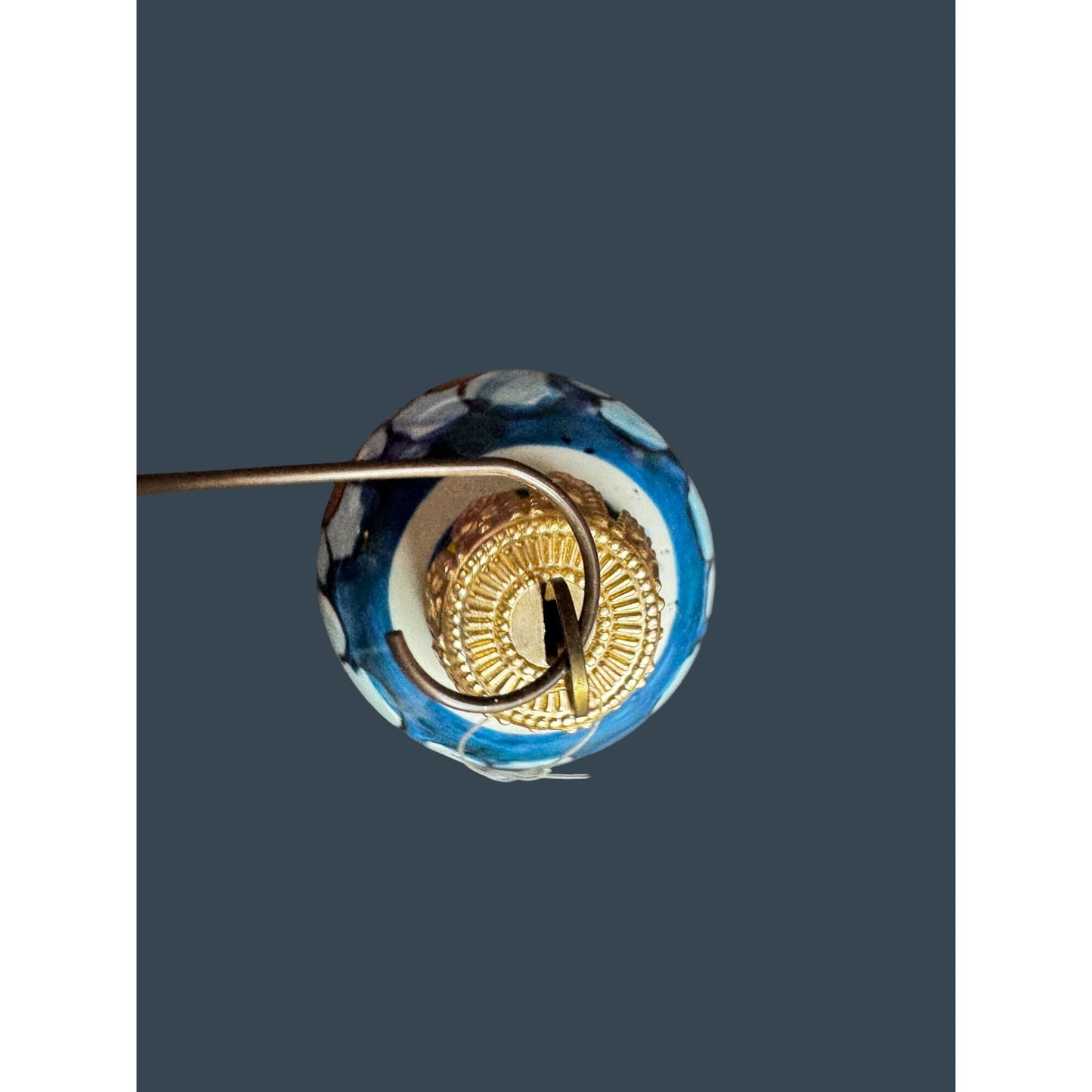 Hand Painted Porcelain Floral Ornament Blue White Orange Flowers 2 1/4"