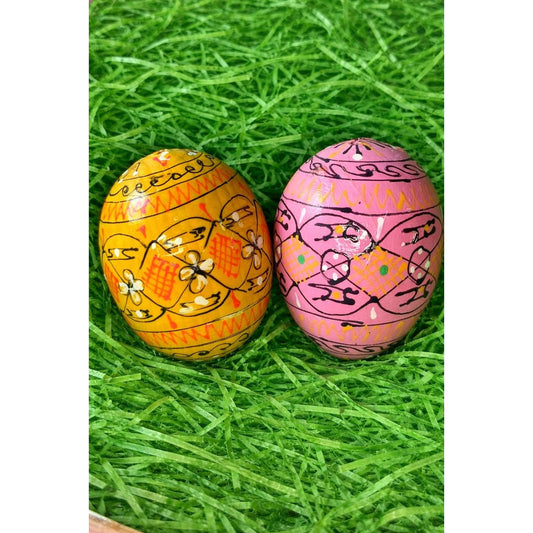 Hand Painted Blown Eggshell Easter Eggs Folk Art Pink Yellow 2.5" Set Of 2