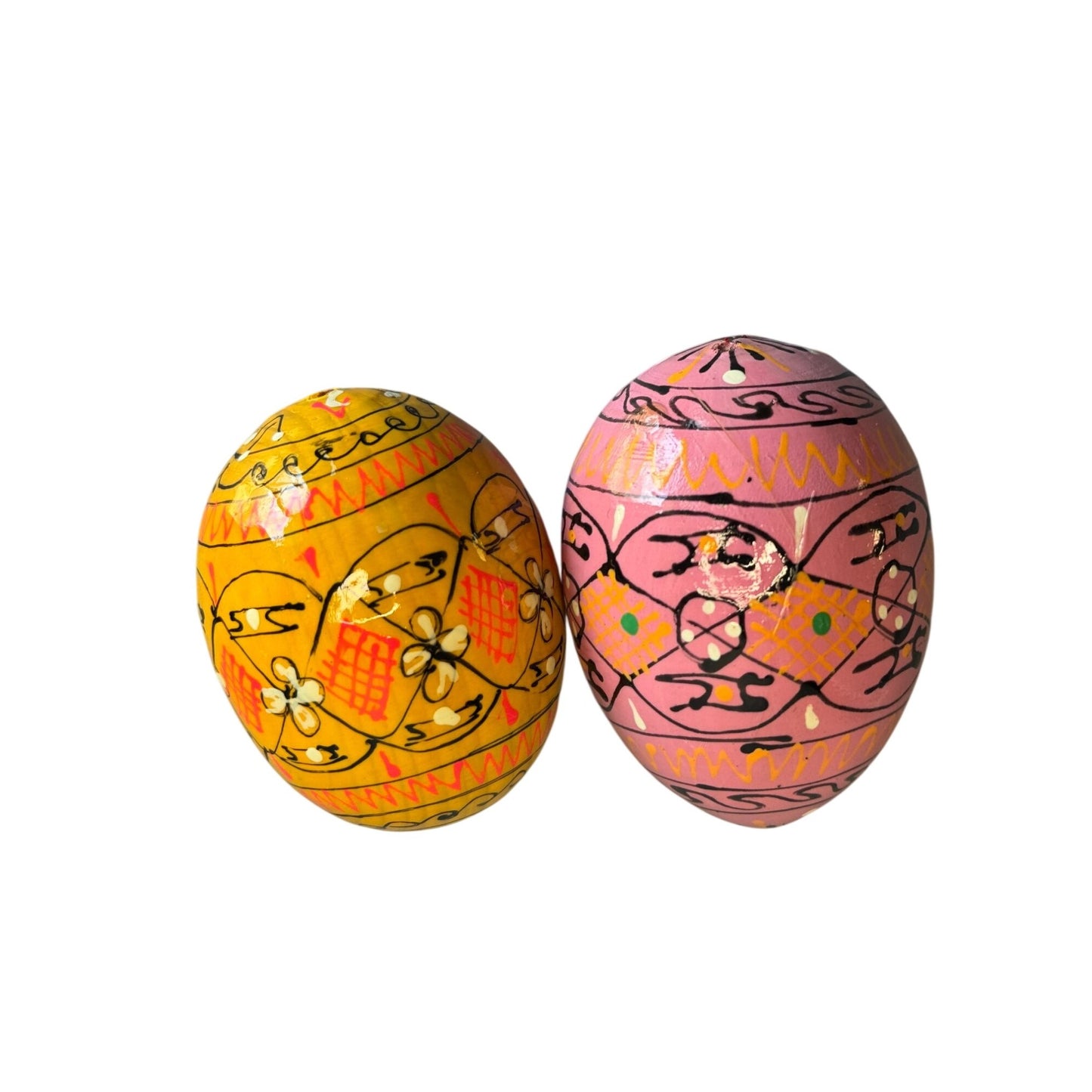 Hand Painted Blown Eggshell Easter Eggs Folk Art Pink Yellow 2.5" Set Of 2