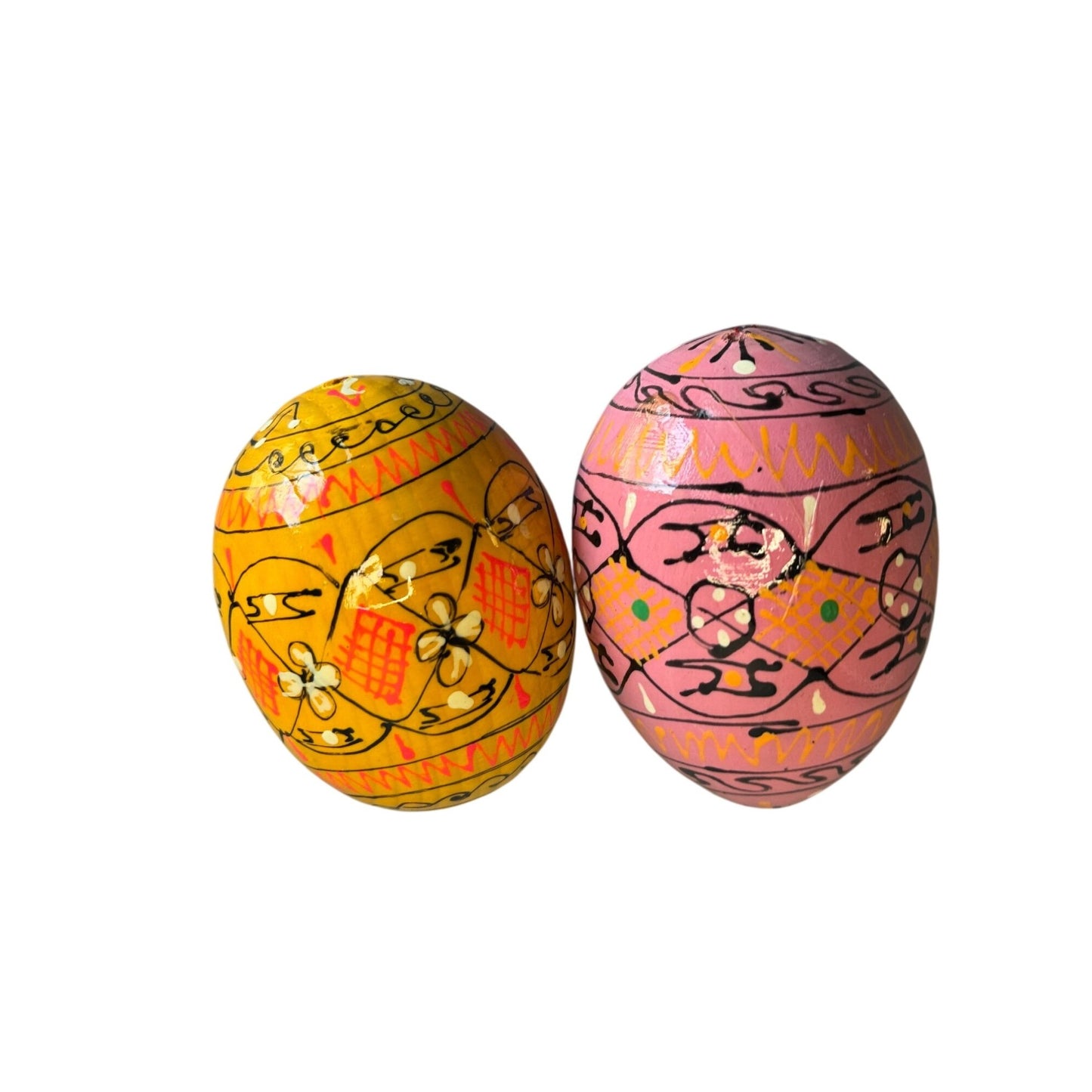 Hand Painted Blown Eggshell Easter Eggs Folk Art Pink Yellow 2.5" Set Of 2