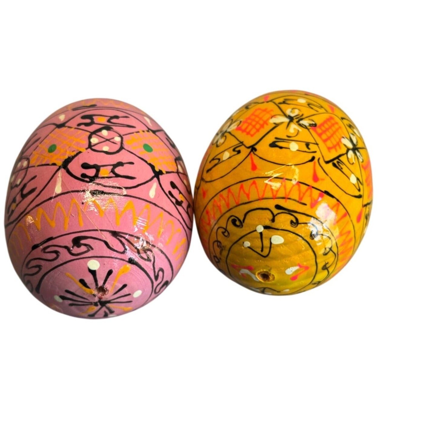 Hand Painted Blown Eggshell Easter Eggs Folk Art Pink Yellow 2.5" Set Of 2