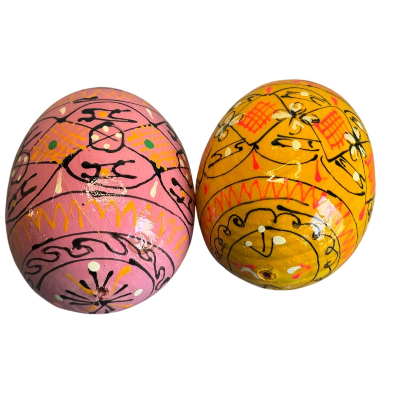 Hand Painted Blown Eggshell Easter Eggs Folk Art Pink Yellow 2.5" Set Of 2