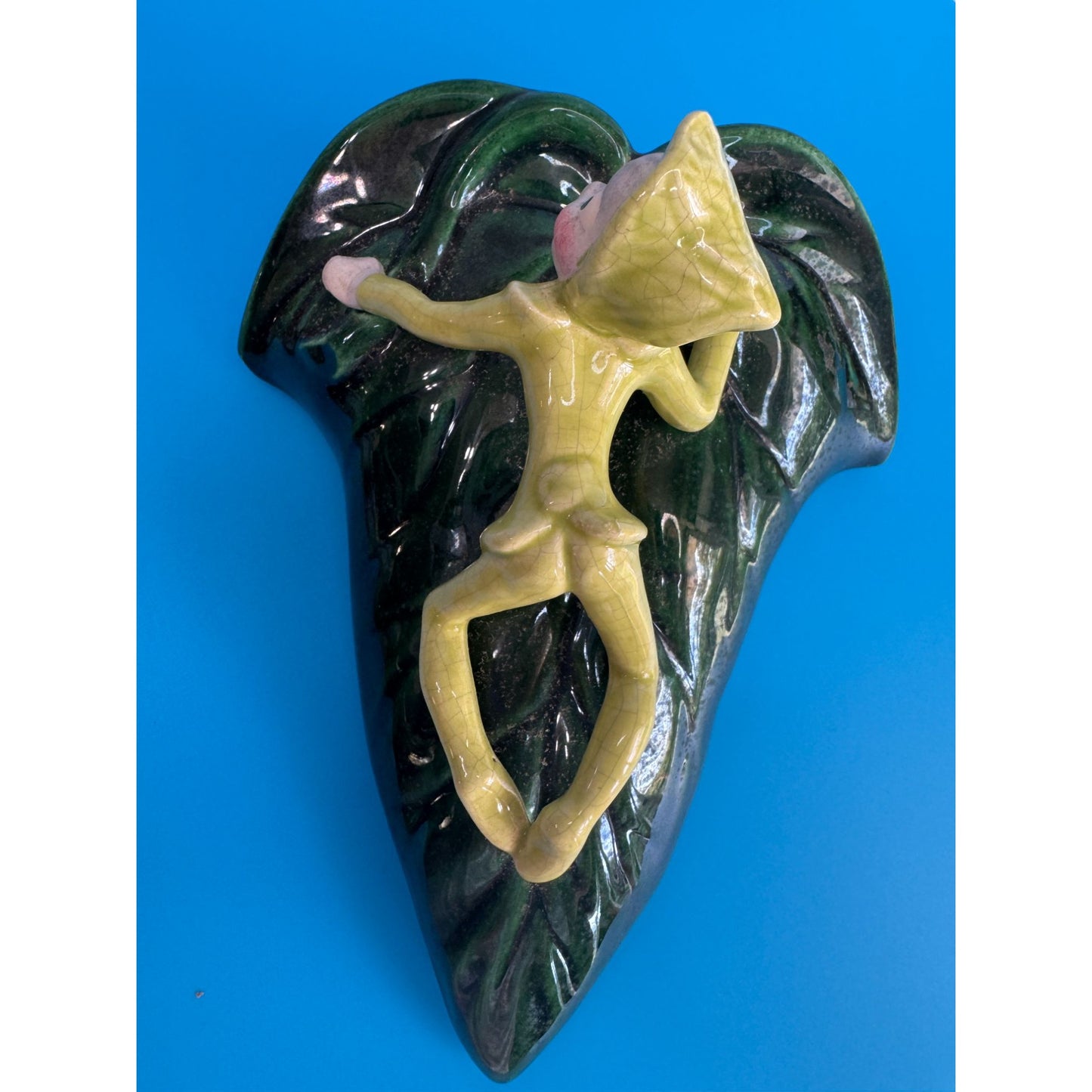 Vintage Cali Crown Wall Pocket Elf on Leaf Mid Century California Pottery 7"