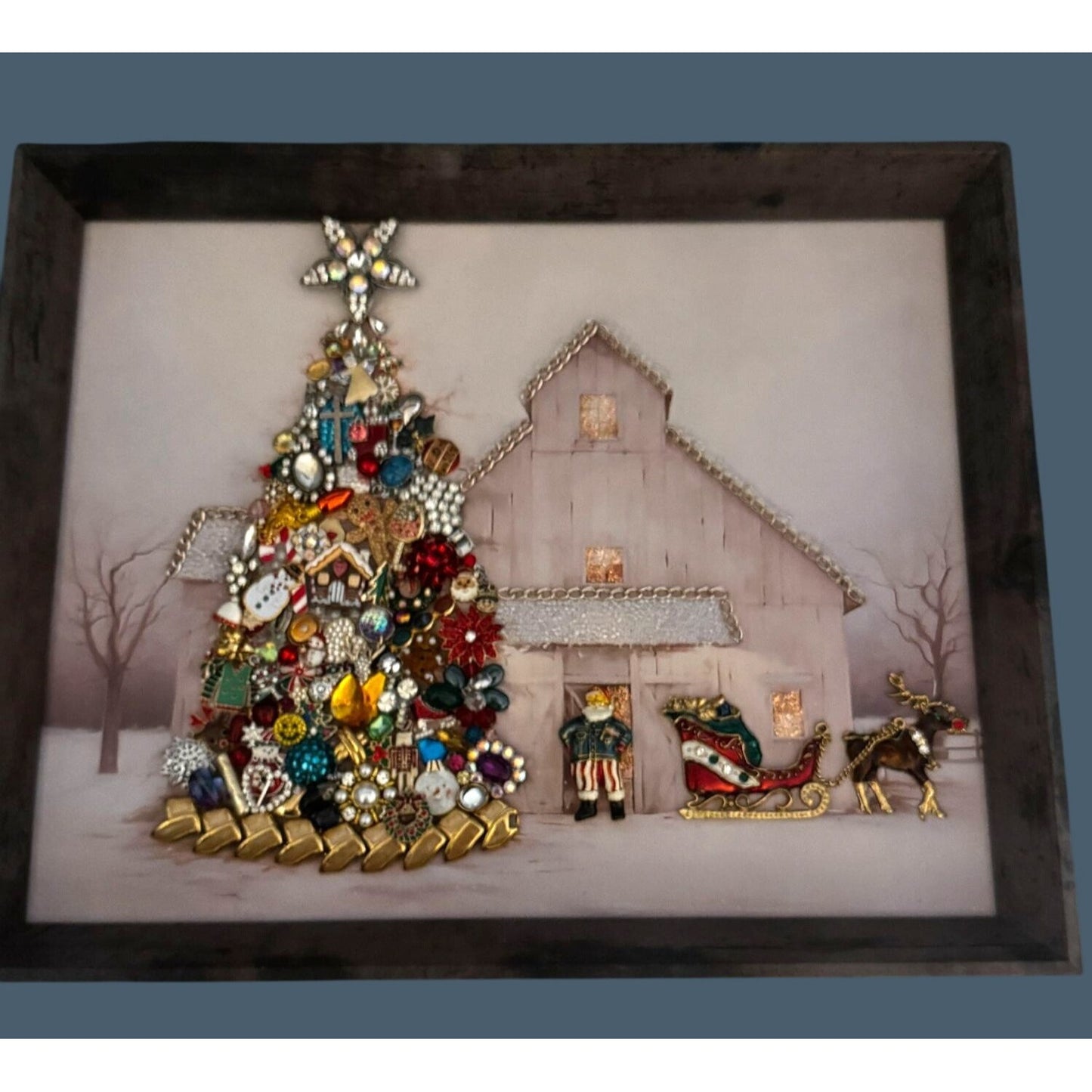 Original Designs Christmas Jewelry Tree Barn Scene Framed Art Mixed Media 15"x12"