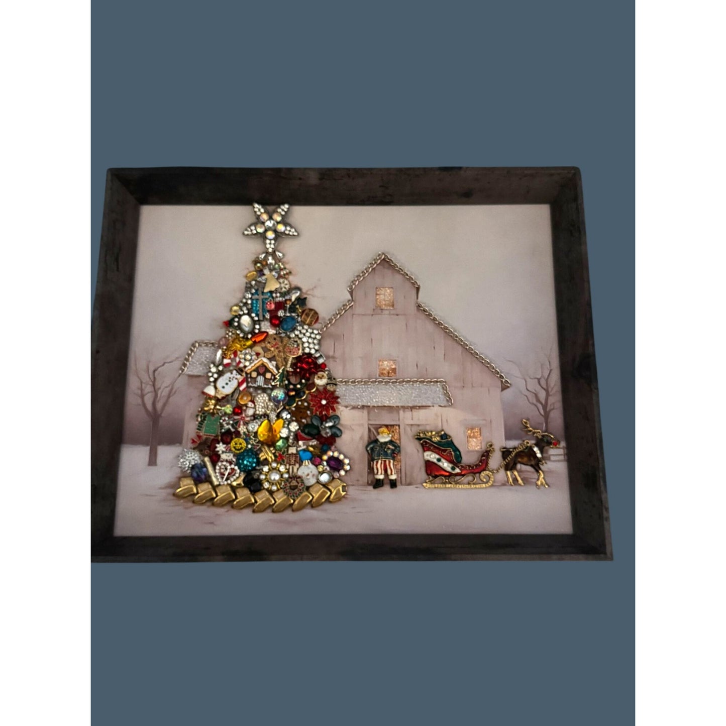Original Designs Christmas Jewelry Tree Barn Scene Framed Art Mixed Media 15"x12"