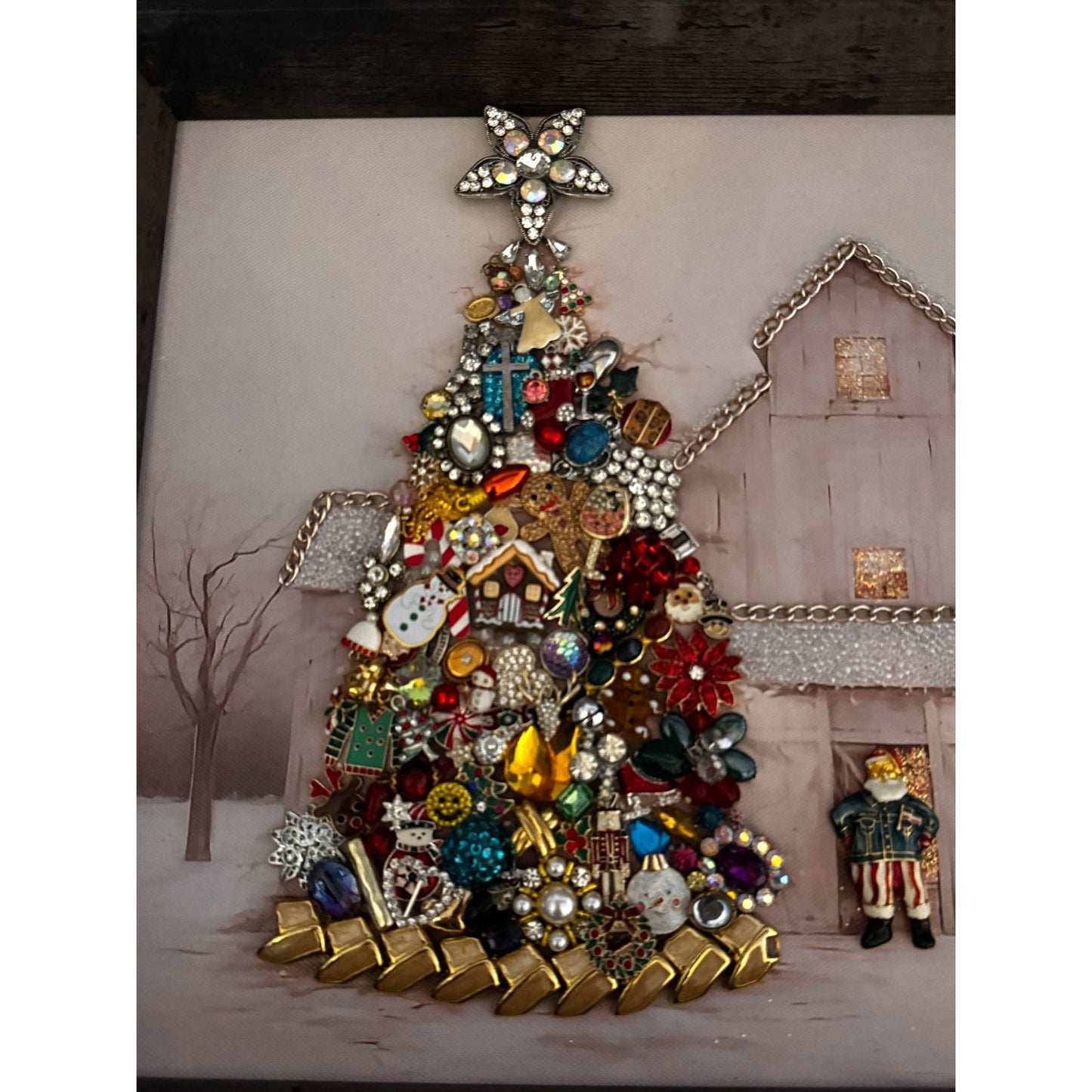 Original Designs Christmas Jewelry Tree Barn Scene Framed Art Mixed Media 15"x12"