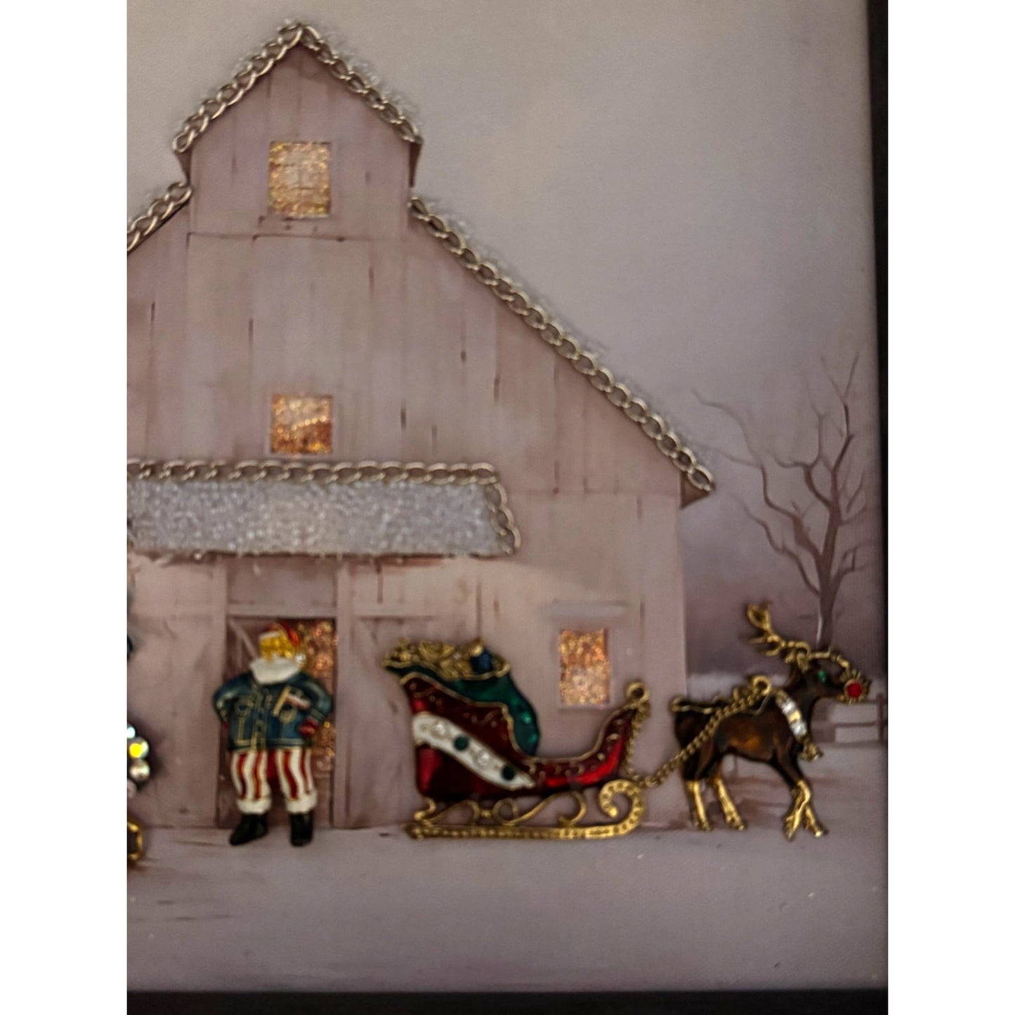 Original Designs Christmas Jewelry Tree Barn Scene Framed Art Mixed Media 15"x12"