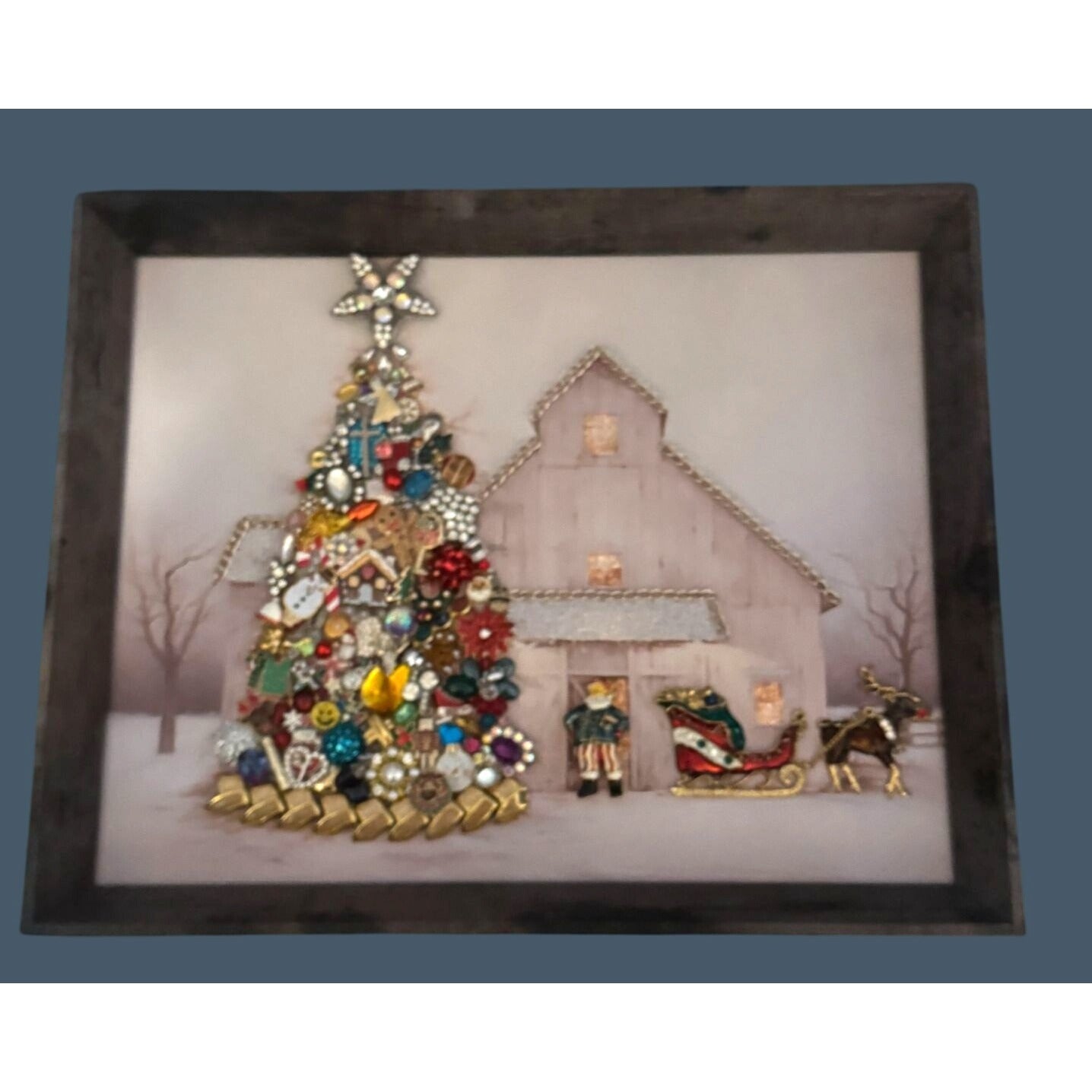 Original Designs Christmas Jewelry Tree Barn Scene Framed Art Mixed Media 15"x12"